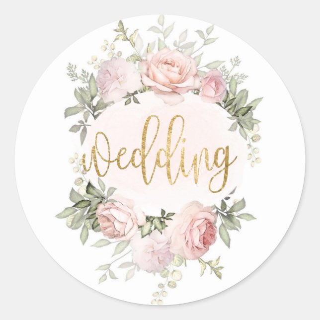 Sticker Rond Aquarelle rose printemps Roses Peony Mariage or  (Devant)