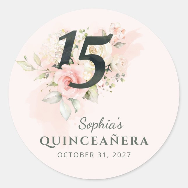 Sticker Rond Aquarelle rose Quinceanera 15e anniversaire (Devant)