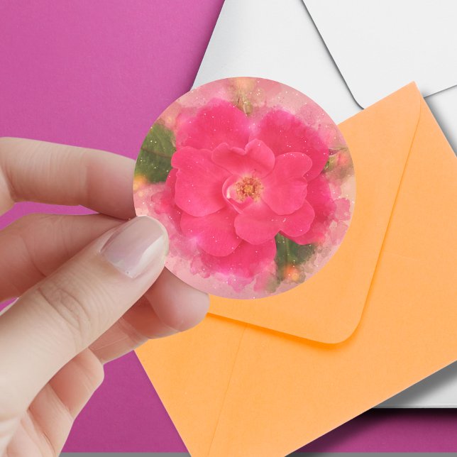 Sticker Rond Aquarelle Rose rosé (A pretty pink double knockout rose is beautiful to adorn any envelope, favor bag, or gift!)