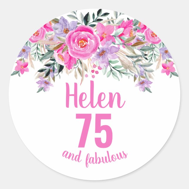 Sticker Rond Aquarelle rose rose 75e anniversaire floral classi (Devant)