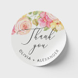 Sticker Rond Aquarelle rose rose mariage floral merci<br><div class="desc">Écriture florale rose aquarelle merci sticker pour l'élégant mariage d'été. Veuillez me contacter si vous avez besoin d'autres articles.</div>