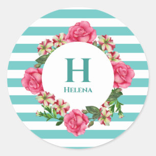 Sticker Rond Aquarelle rose rose rouge blanc pétunias Monogramm