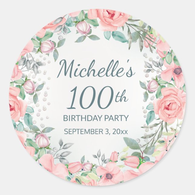 Sticker Rond Aquarelle rose Roses floraux 100e anniversaire (Devant)