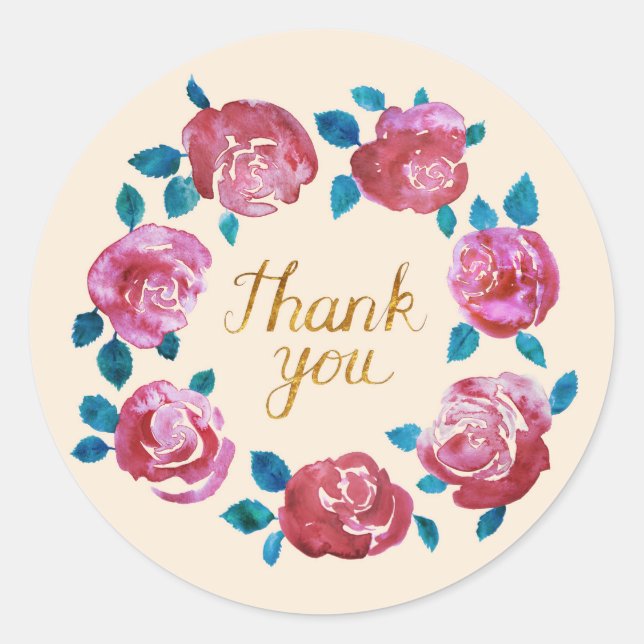 Sticker Rond Aquarelle rose roses lettres or Merci (Devant)