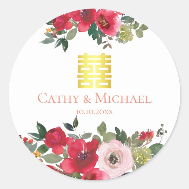 Sticker Rond Aquarelle rose rouge floral moderne mariage chinoi (Devant)