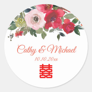 Sticker Rond Aquarelle rose rouge floral moderne mariage chinoi
