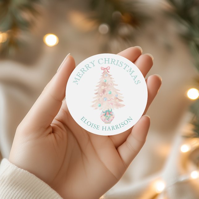 Sticker Rond Aquarelle rose sapin de Noël Grille millénaire (Créateur téléchargé)