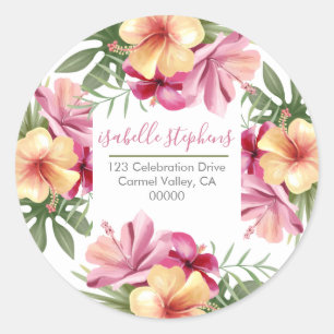 Sticker Rond Aquarelle rose Tropical Floral Adresse de retour