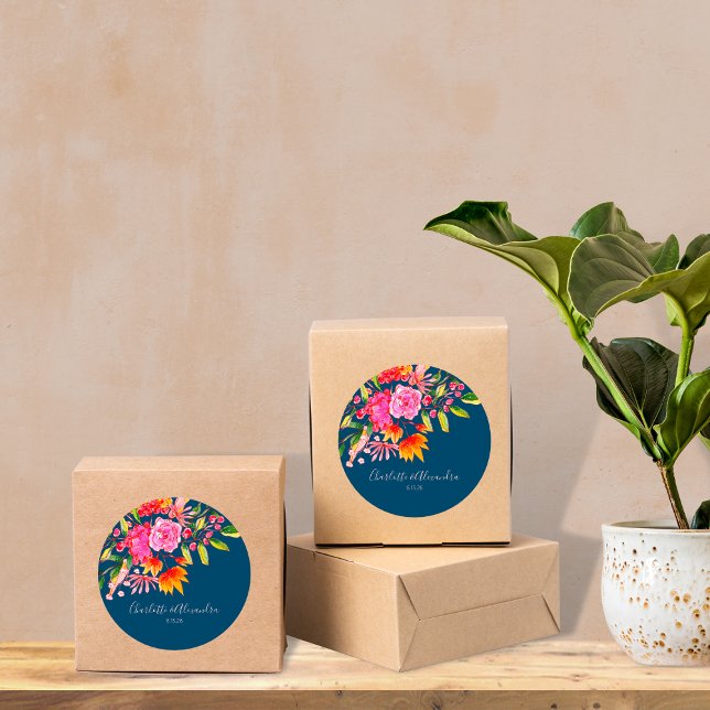 Sticker Rond Aquarelle rose turquoise Orange Floral Mariage per (Créateur téléchargé)