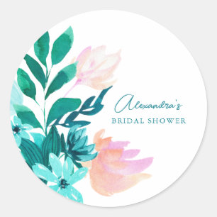 Sticker Rond Aquarelle rose-vert personnalisée Fête des mariées