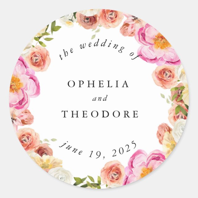 Sticker Rond Aquarelle rose vif Mariage Favoriser le Merci (Devant)