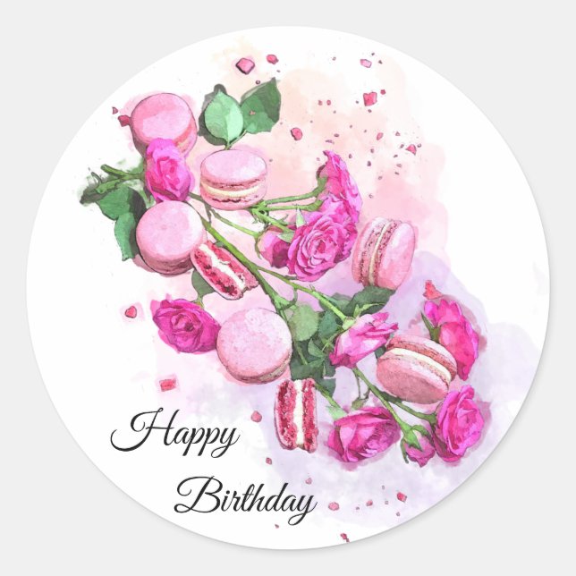 Sticker Rond Aquarelle Roses roses et Macarons français Anniver (Devant)