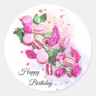 Sticker Rond Aquarelle Roses roses et Macarons français Anniver