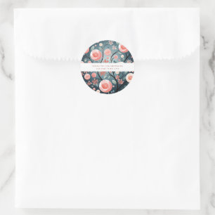 Sticker Rond Aquarelle Roses Roses Fuschia Turquoise Merci