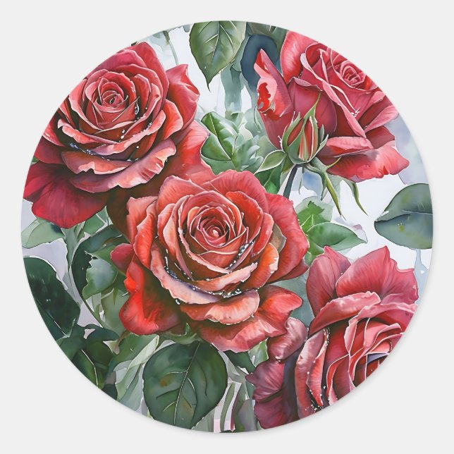 Sticker Rond Aquarelle Roses rouges avec Feuilles verts (Devant)