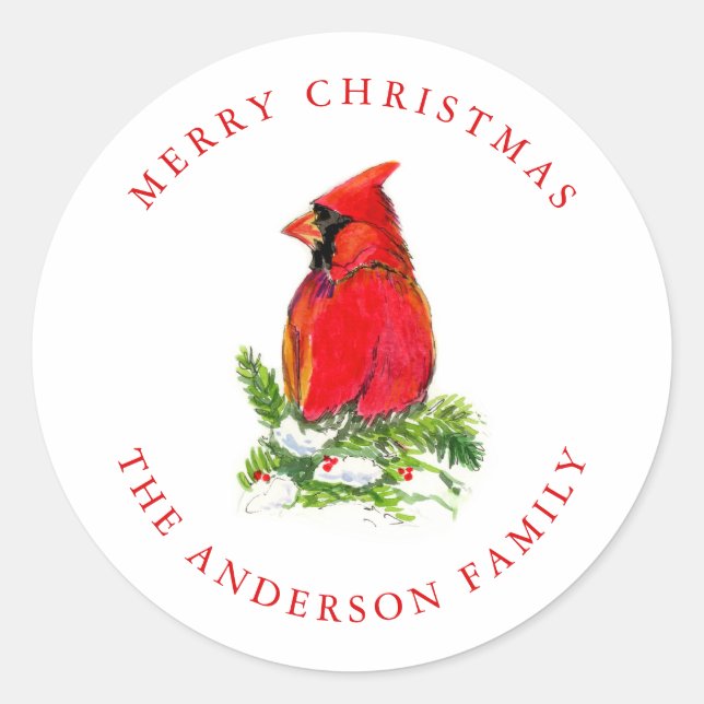 Sticker Rond Aquarelle Rouge Cardinal Oiseau Noël  (Devant)