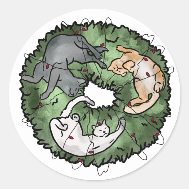 Sticker Rond Aquarelle rouge et vert Chat Noël (Devant)