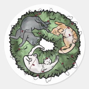 Sticker Rond Aquarelle rouge et vert Chat Noël