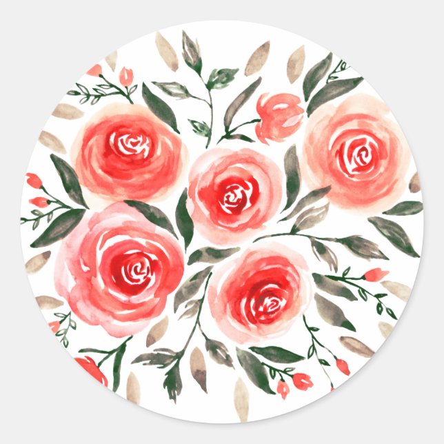 Sticker Rond Aquarelle rouge rose romantique Rose Floral (Devant)