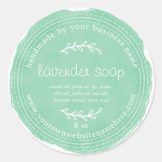 Sticker Rond Aquarelle Rustique à la main Lavande Vert (Devant)
