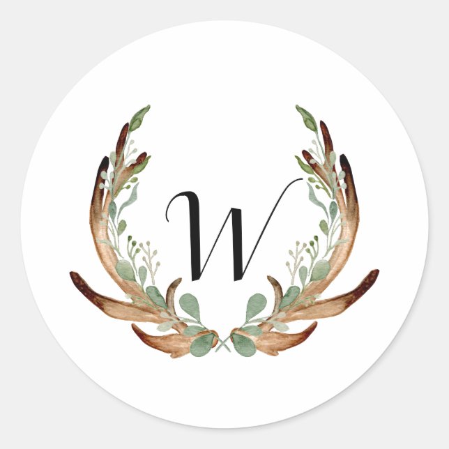 Sticker Rond Aquarelle Rustique Antler | Mariage simple (Devant)