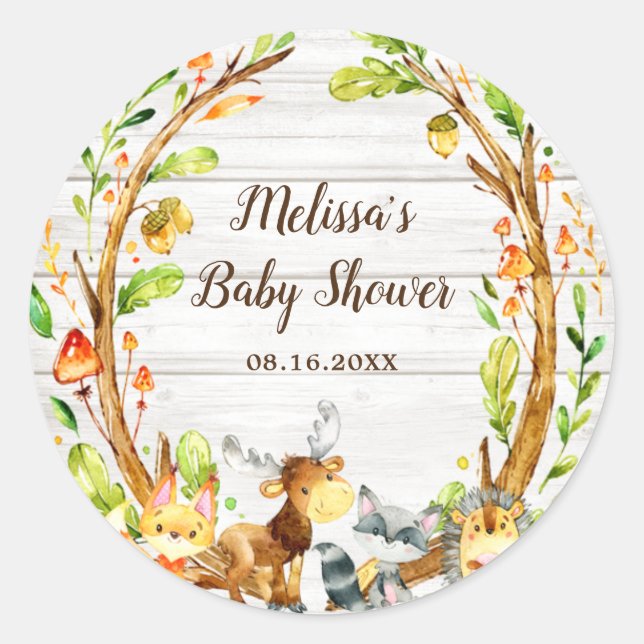 Sticker Rond Aquarelle rustique Baby shower d'animaux de bois (Devant)