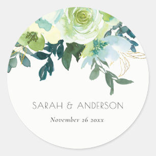 Sticker Rond Aquarelle rustique bleu vert Floral Mariage