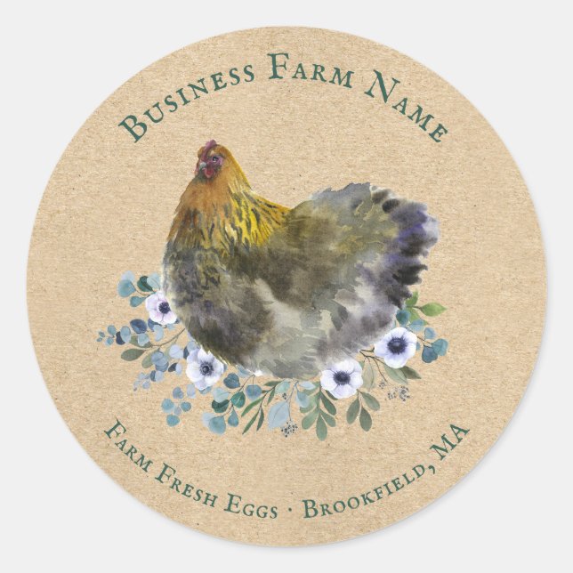 Sticker Rond Aquarelle rustique ferme oeuf frais Floral Hen (Devant)