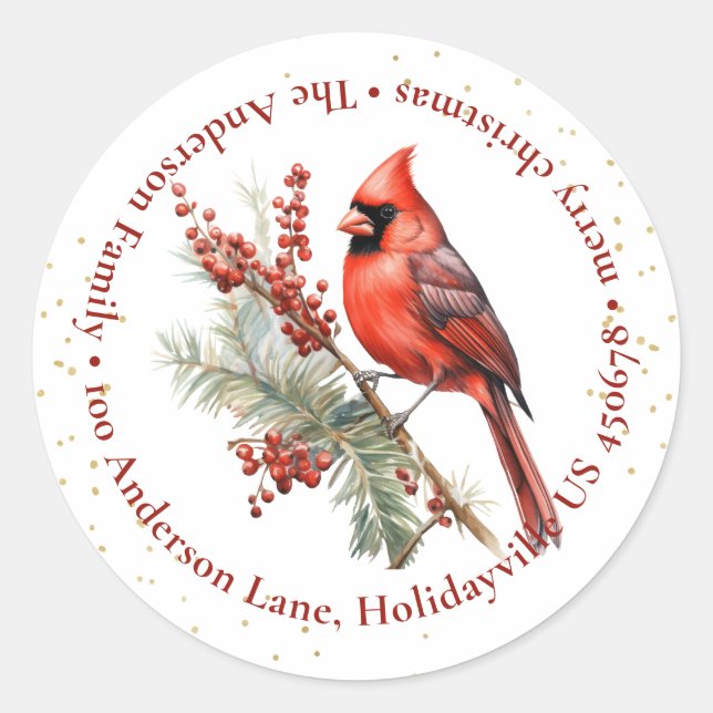 Sticker Rond Aquarelle rustique Hiver Cardinal Holly Branche (Devant)