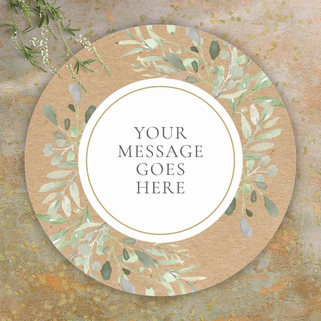 Sticker Rond Aquarelle Rustique Kraft Vert (Rustic Kraft Watercolor Greenery Classic Round Sticker)