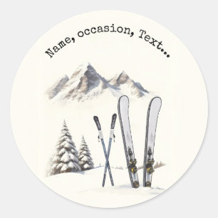 Sticker Rond Aquarelle rustique Ski neige montagne hiver