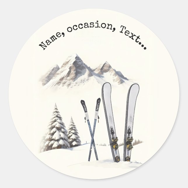 Sticker Rond Aquarelle rustique Ski neige montagne hiver (Devant)