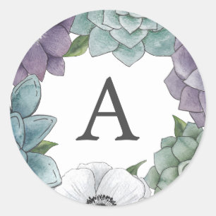 Sticker Rond Aquarelle rustique Succulents floraux Monogramme