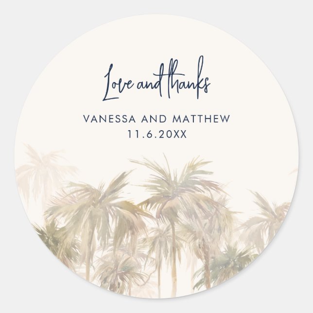 Sticker Rond Aquarelle Script Palmiers Mariage Remerciement (Devant)