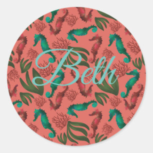 Sticker Rond Aquarelle Seahorse Coral Nautique Personnalisé