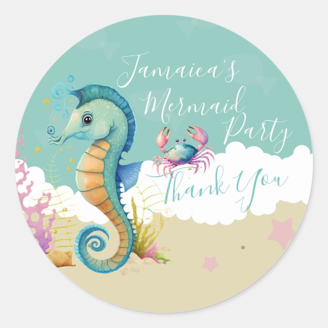 Sticker Rond Aquarelle Seahorse Ocean Beach Merci d'anniversair (Devant)