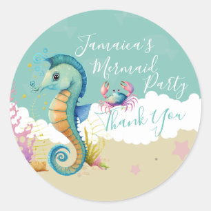 Sticker Rond Aquarelle Seahorse Ocean Beach Merci d'anniversair