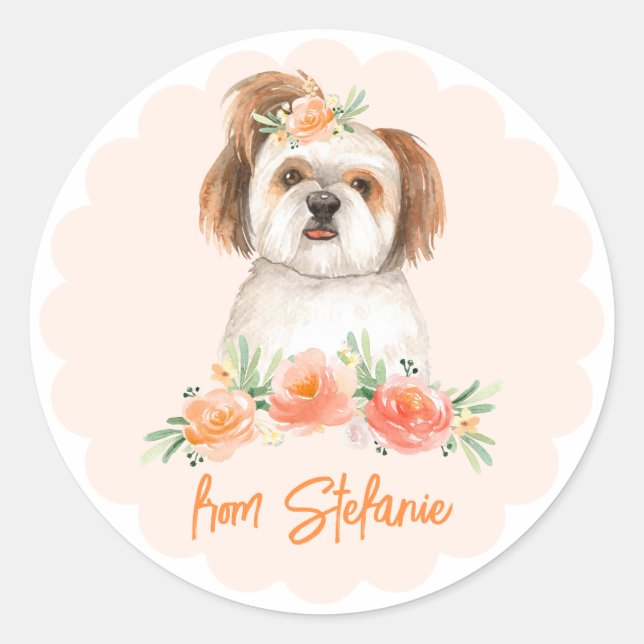 Sticker Rond Aquarelle Shih Tzu Peach Floral Chien Anniversaire (Devant)