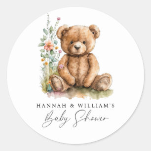Sticker Rond Aquarelle simple Petit Baby shower Ours en peluche