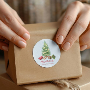 Sticker Rond Aquarelle Snowy Arbre de Noël et cadeaux