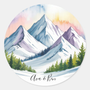 Sticker Rond Aquarelle Snowy Mountain Mariage paysage