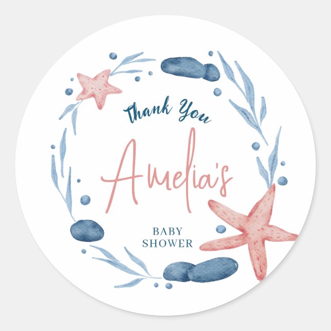 Sticker Rond Aquarelle Starfish Coral Reef Baby shower (Devant)