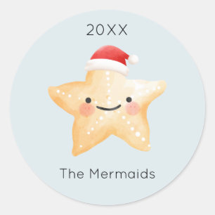Sticker Rond Aquarelle Starfish Père Noël Noël