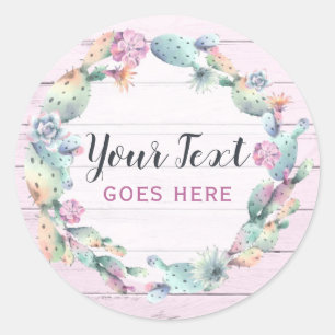 Sticker Rond Aquarelle Succulente Cactus & Bois rustique Bohème