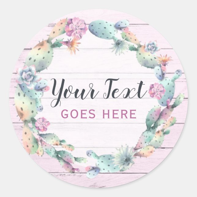 Sticker Rond Aquarelle Succulente Cactus & Bois rustique Bohème (Devant)