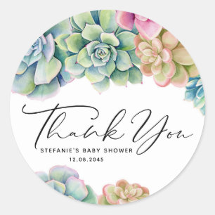 Sticker Rond Aquarelle Succulents Baby shower d'été Merci