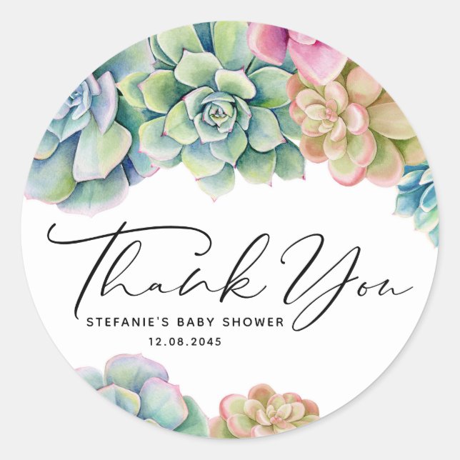 Sticker Rond Aquarelle Succulents Baby shower d'été Merci (Devant)