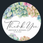 Sticker Rond Aquarelle Succulents Mariage d'été Merci<br><div class="desc">Ajoutez un accent boho à vos cartes et enveloppes avec ces autocollants de mariage personnalisables. Il présente des succulents d'aquarelle rose,  vert,  bleu et or. Personnalisez en ajoutant vos détails. Ces autocollants succulents sont parfaits pour les mariages d'été,  douches nuptiales,  baby showers,  anniversaires et plus encore.</div>