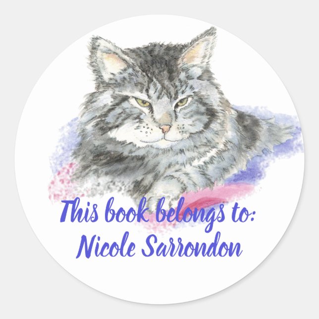 Sticker Rond Aquarelle Tabouret Plaque de livre de chat (Devant)