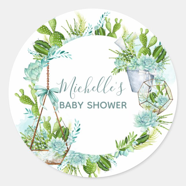Sticker Rond Aquarelle Terrarium en verre Baby shower de succul (Devant)